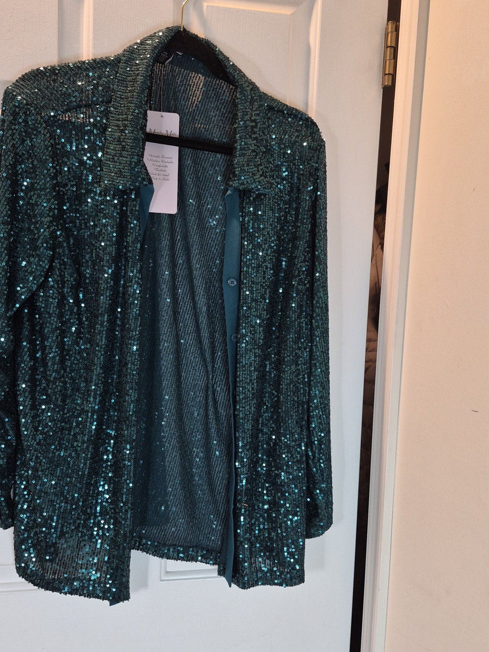Nina Leonard Teal Sequin Collared Jacket
